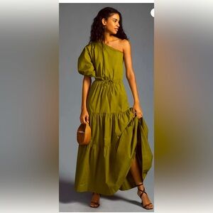 S/W/F Anthropologie Tiered One-Shoulder Green Dress. Never Worn!